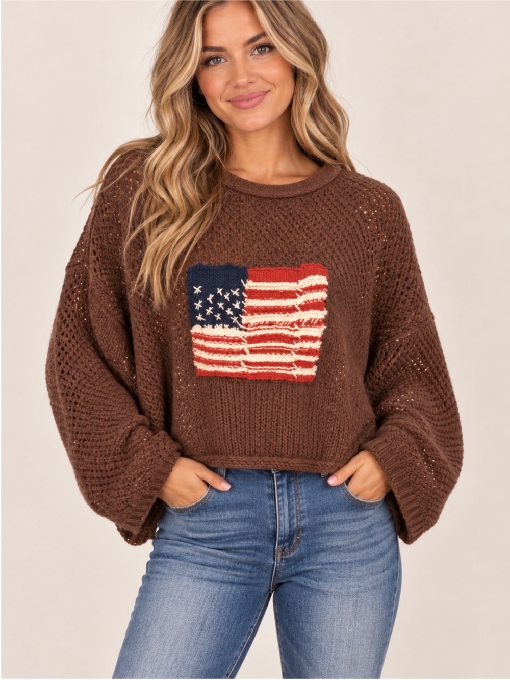 Zenana Brown Open-Knit American flag embroidered Crewneck Sweater
